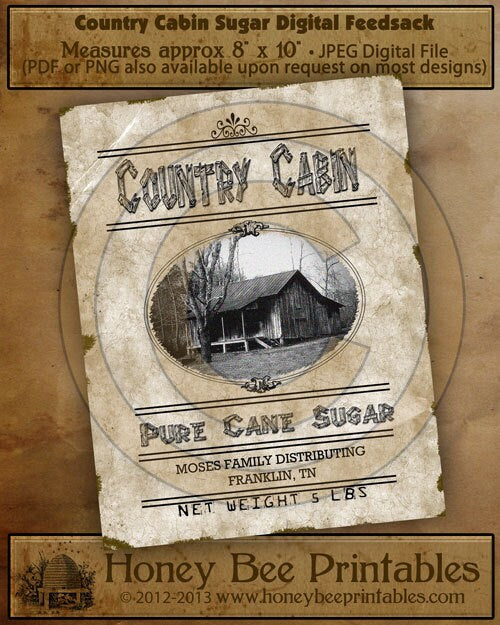 Primitive Country Cabin Sugar-Printable Digital Feedsack Logo JPEG File-Instant Download-Use for Pillows,Bears,Framed Prints,Labels