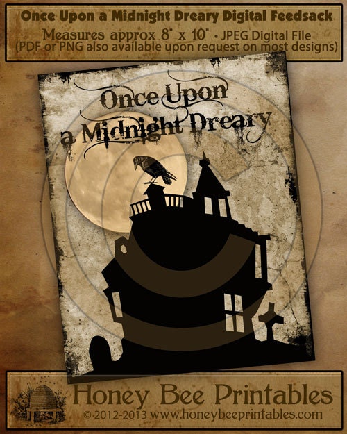 Primitive Once Upon a Midnight Dreary-Printable Digital Feedsack Logo JPEG File-Instant Download-Use for Pillows,Bears,Framed Prints,Labels