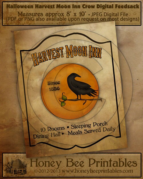 Primitive Harvest Moon Inn Halloween-Printable Digital Feedsack Logo JPEG File-Instant Download-Use for Pillows,Bears,Framed Prints,Labels