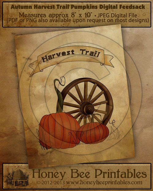 Primitive Harvest Trail Autumn Pumpkin-Printable Digital Feedsack Logo JPEG File-Instant Download-Use for Pillows,Bears,Framed Prints,Labels