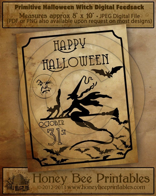 Primitive Happy Halloween Witch Bats-Printable Digital Feedsack Logo JPEG File-Instant Download-Use for Pillows,Bears,Framed Prints,Labels