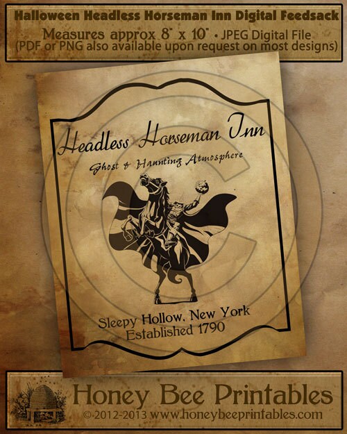 Prim Halloween Headless Horseman Inn-Printable Digital Feedsack Logo JPEG File-Instant Download-Use for Pillows,Bears,Framed Prints,Labels