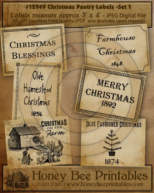 Prim Christmas Pantry Farmhouse Labels Set 1-Printable Digital JPEG File-Instant Download - Use on Jars, crock, crates, books, journals,etc