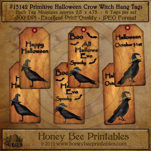 Primitive Halloween Crow Witch Hang Tags 13142 Printable Digital JPEG File Instant Download Uses Dolls Bears Gifts Scrapbooking