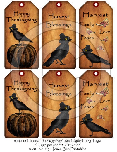 Primitive Happy Thanksgiving Crow Pilgrim Hang Tags 13145 Printable Digital JPEG File Instant Download Uses Dolls Bears Gifts Scrapbooking