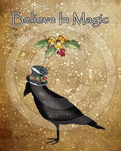 Prim Christmas Crow Snow Believe in Magic-Printable Digital Feedsack Logo JPEG File-Instant Download-Use: Pillows,Bears,Framed Prints,Labels