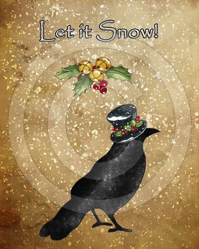 Primitive Christmas Crow Snow Let is Snow-Printable Digital Feedsack Logo JPEG File-Instant Download-Use: Pillows,Bears,Framed Prints,Labels