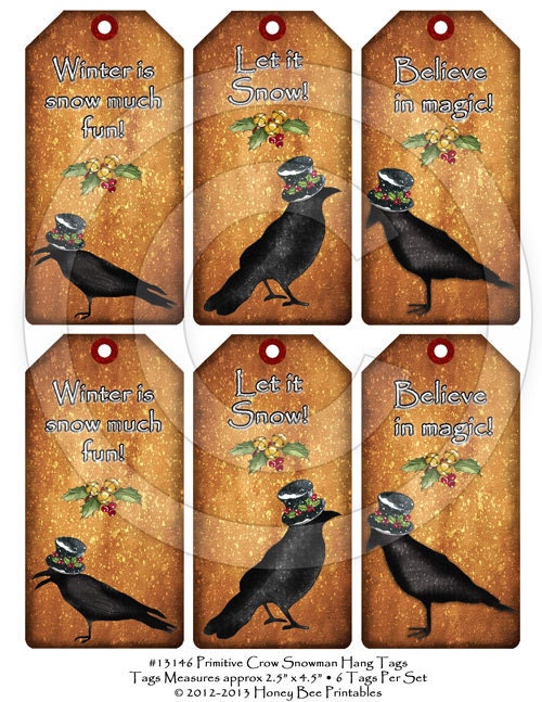 Primitive Crow Snowman Winter Snow Hang Tags 13146 Printable Digital JPEG File Instant Download Uses Dolls Bears Gifts Scrapbooking