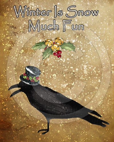 Prim Christmas Crow Snow Winter Is Fun-Printable Digital Feedsack Logo JPEG File-Instant Download-Use: Pillows,Bears,Framed Prints,Labels
