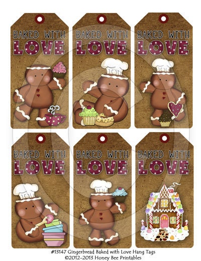 Primitive Gingerbread Baked with Love Hang Tags 13147 Printable Digital JPEG File Instant Download Uses Dolls Bears Gifts Scrapbooking