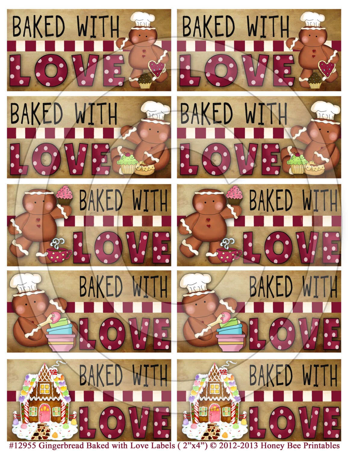 Prim 12955 Gingerbread Baked with Love Labels-Printable Digital JPEG File-Instant Download - Use on Jars, crock, crates, books, baked goods