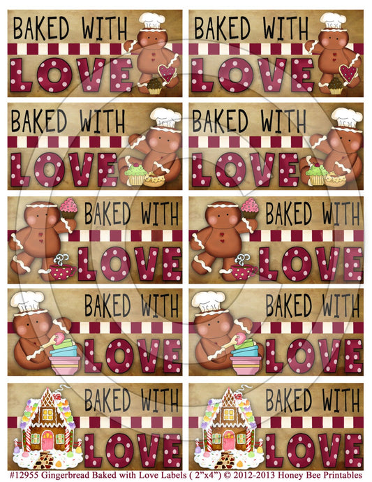 Prim 12955 Gingerbread Baked with Love Labels-Printable Digital JPEG File-Instant Download - Use on Jars, crock, crates, books, baked goods