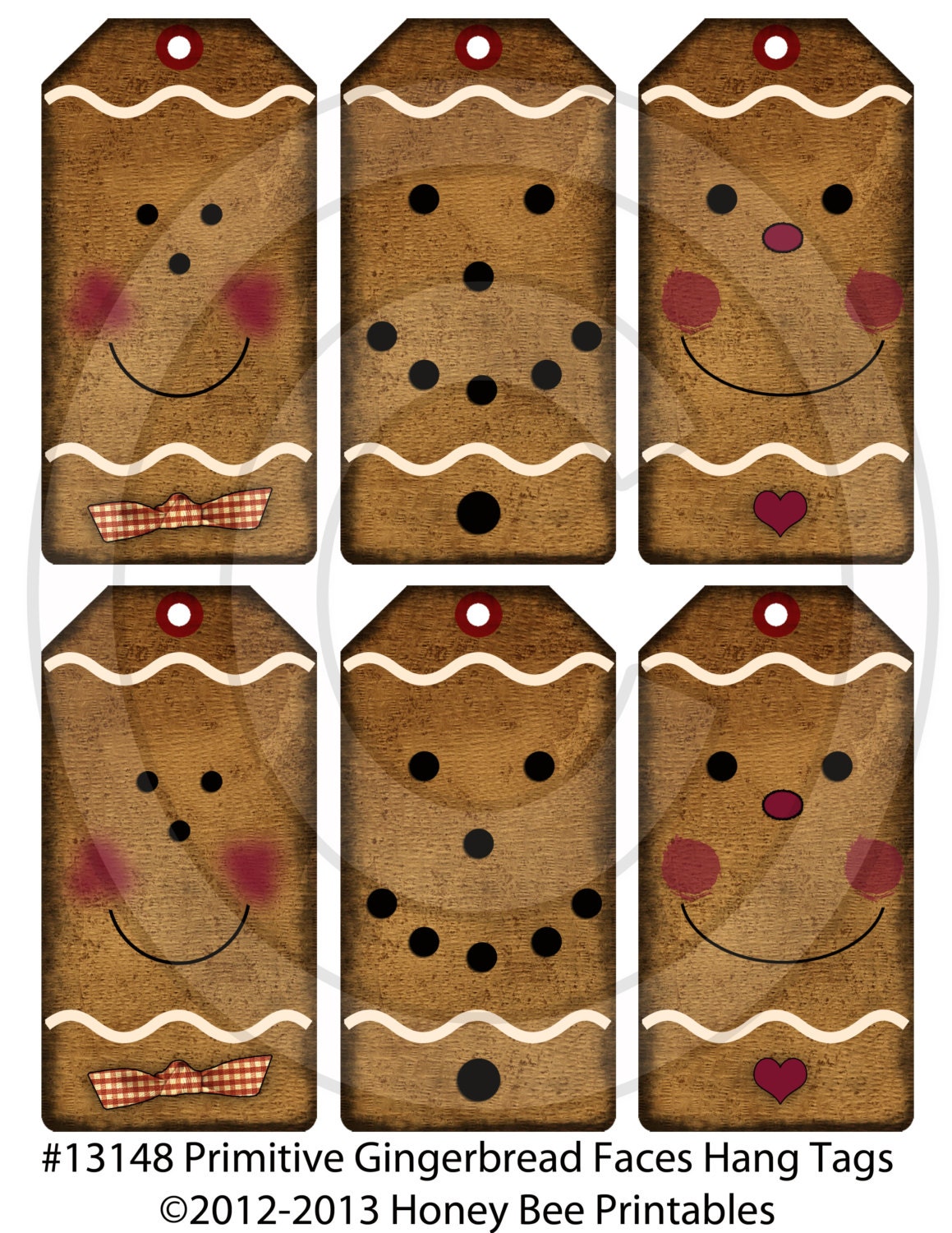 Primitive Gingerbread Face Cookie Christmas Hang Tags 13147 Printable Digital JPEG File Instant Download Uses Dolls Bears Gifts Scrapbooking