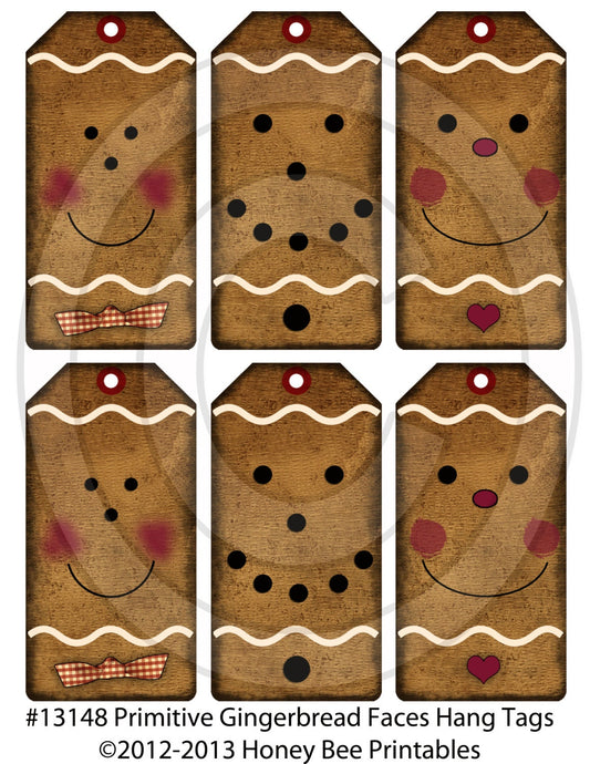 Primitive Gingerbread Face Cookie Christmas Hang Tags 13147 Printable Digital JPEG File Instant Download Uses Dolls Bears Gifts Scrapbooking