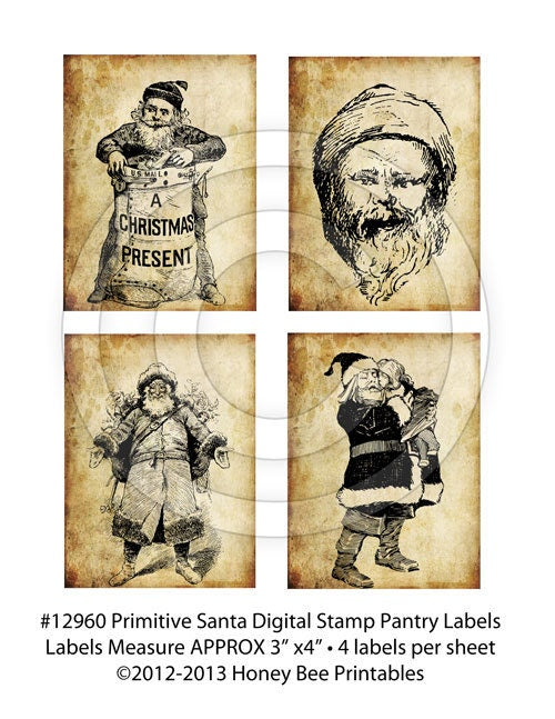 Vintage Primitive Santa Claus Digital Stamp Pantry Labels-12960 Printable Digital JPEG File-Instant Download-4 Jars,books,cards, ornies