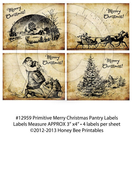 Primitive Merry Christmas Pantry Labels-12959 Printable Digital JPEG File-Instant Download-4 Jars,books,cards, ornies