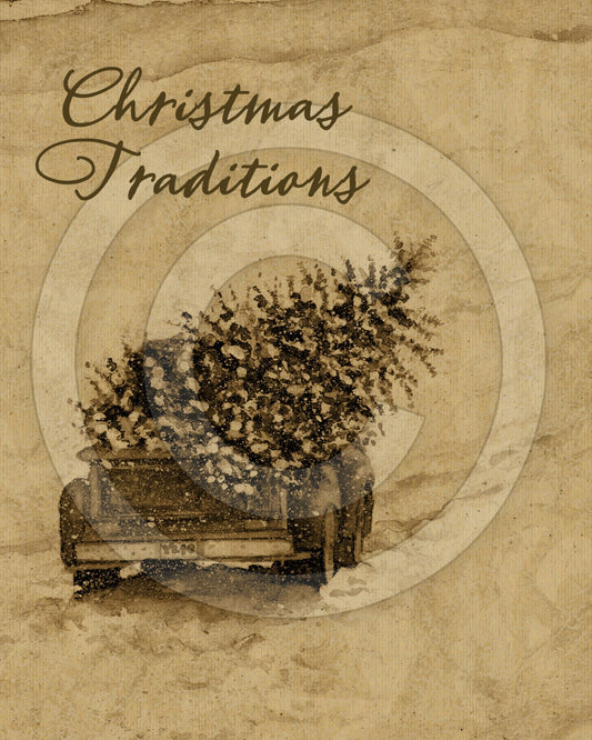 Primitive Christmas Printable - Old Truck Snow Christmas Traditions - Digital File - Pantry Logo Labels - JPEG for Jar, Crock, Doll, Pillow