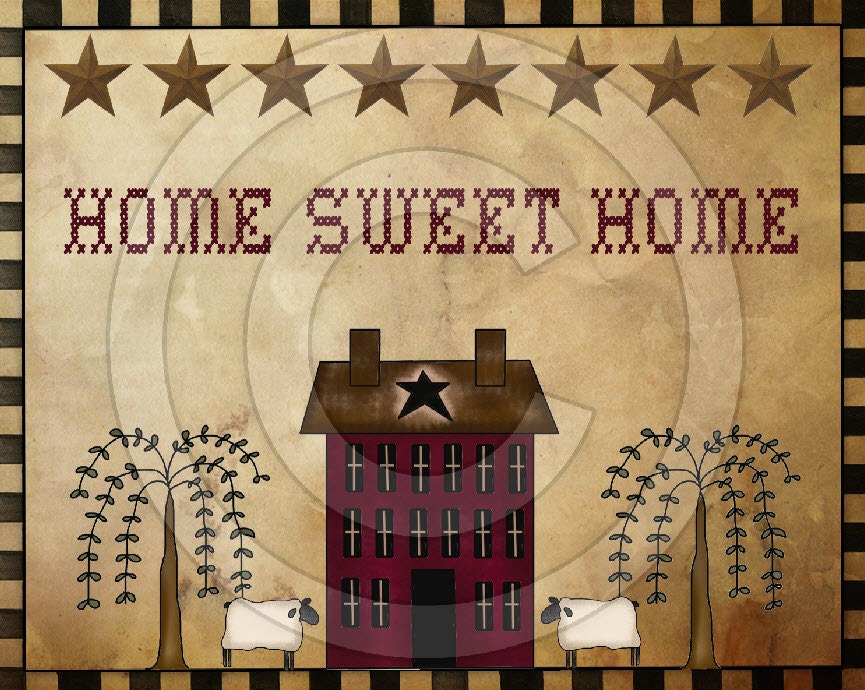 Primitive Home Sweet Home Willow Saltbox 2 Printable Digital Feedsack Logo JPEG File - Instant Download - Use: Pillows,Framed Prints,Labels