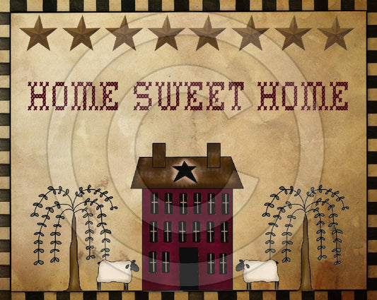 Primitive Home Sweet Home Willow Saltbox 2 Printable Digital Feedsack Logo JPEG File - Instant Download - Use: Pillows,Framed Prints,Labels