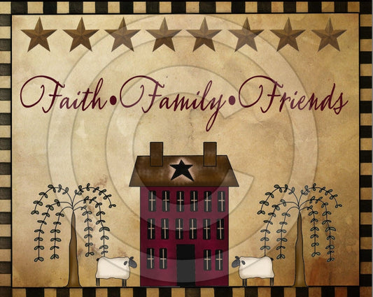 Primitive Faith Family Friends Willow Saltbox Printable Digital Feedsack Logo JPEG File  Instant Download  Use: Pillows,Framed Prints,Labels