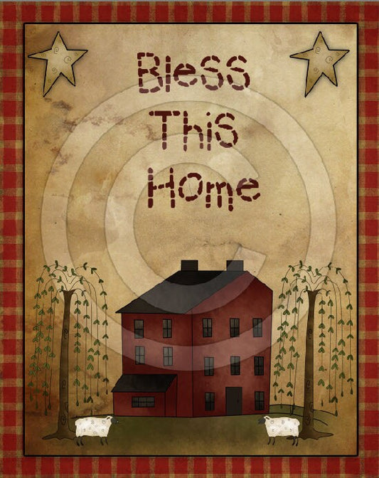 Primitive Bless This Home Saltbox Sampler Printable Digital Feedsack Logo JPEG File  Instant Download Use: Pillows,Framed Prints,Labels