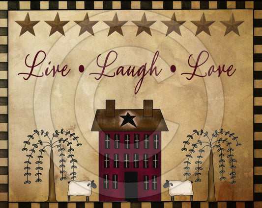 Primitive Live Laugh Love Willow Saltbox Printable Digital Feedsack Logo JPEG File  Instant Download  Use: Pillows,Framed Prints,Labels