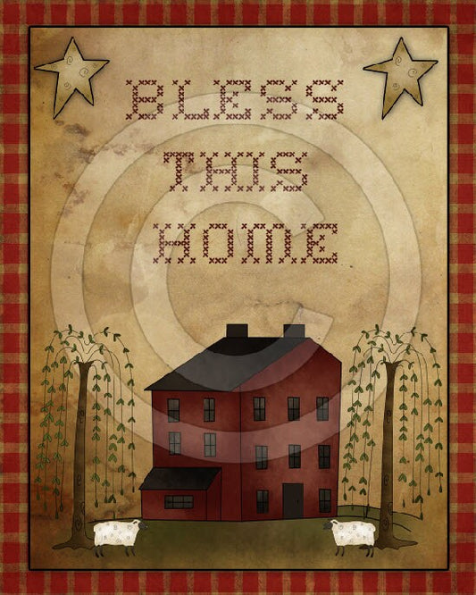 Primitive Bless This Home Saltbox FAUX Cross Stitch Printable Digital Feed Sack Logo Digital Download This is NOT A Cross Stitch Pattern
