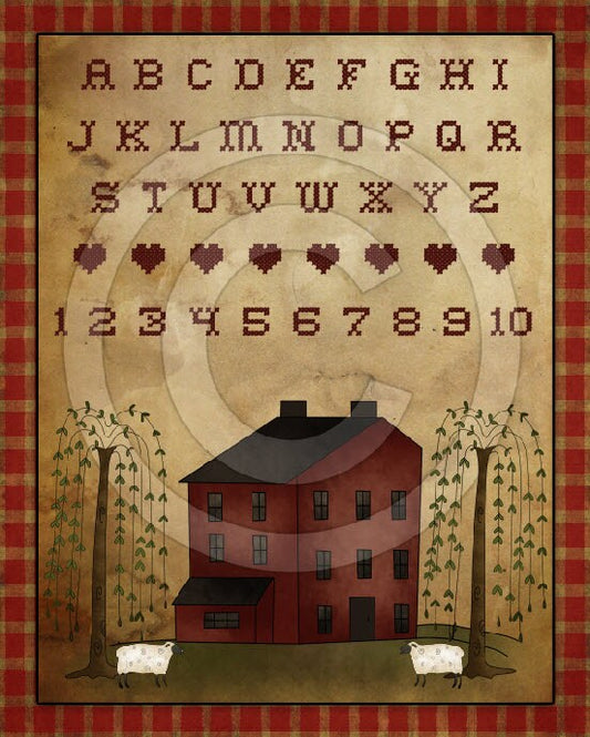 Primitive Willow Saltbox Sheep Printable Digital Sampler  Feedsack Logo JPEG File  Instant Download  Use: Pillows,Framed Prints,Labels