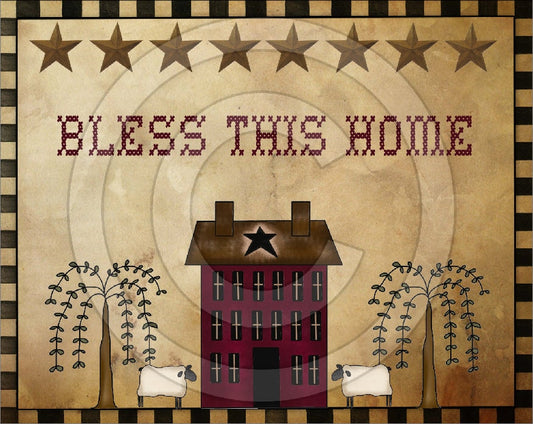 Primitive Bless This Home Willow Saltbox Printable Digital Feedsack Logo JPEG File - Instant Download - Use: Pillows,Framed Prints,Labels
