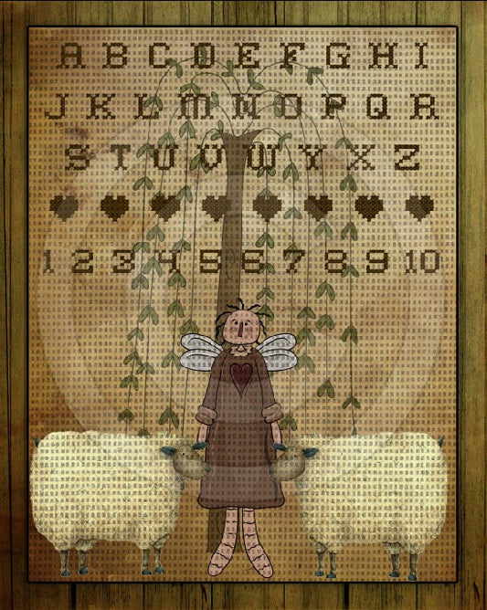 Primitive Angel Sheep Willow Stitchery FAUX Cross Stitch Sampler Printable Digital Art JPEG Digital Download This is NOT a Pattern!