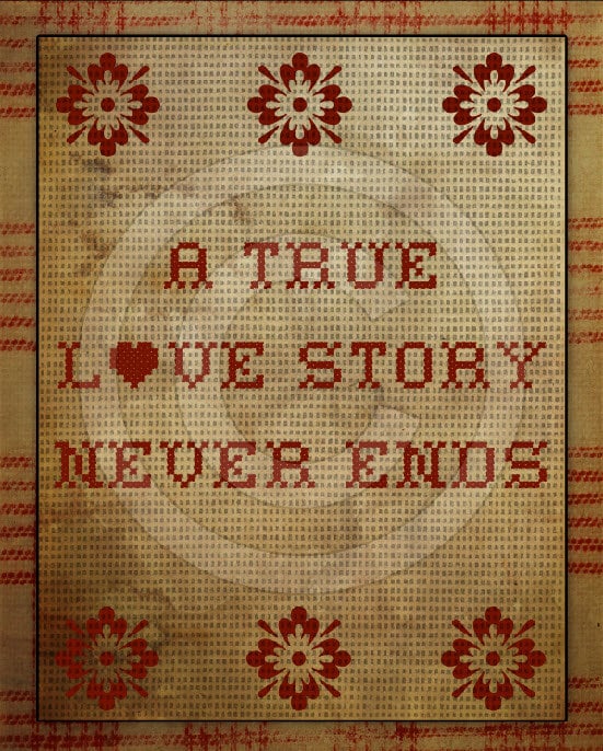 Primitive True Love Story Valentine FAUX Cross Stitch Sampler Printable Digital Art JPEG Instant Download This is NOT A Cross Stitch Pattern