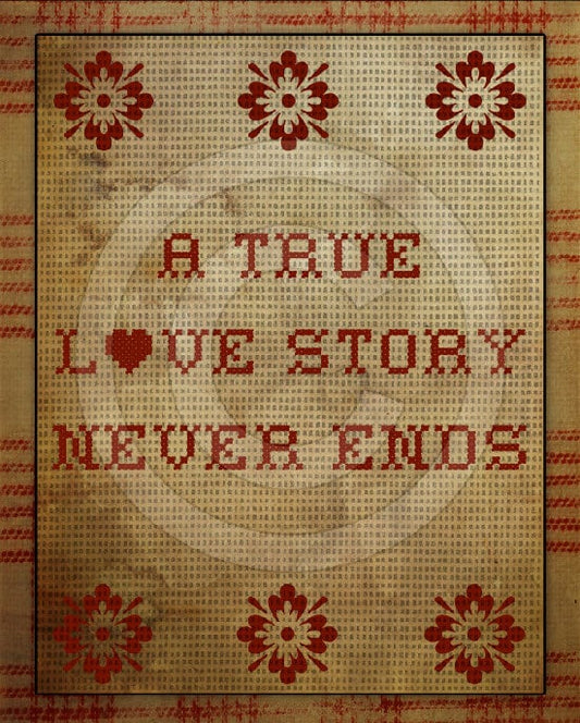 Primitive True Love Story Valentine FAUX Cross Stitch Sampler Printable Digital Art JPEG Instant Download This is NOT A Cross Stitch Pattern