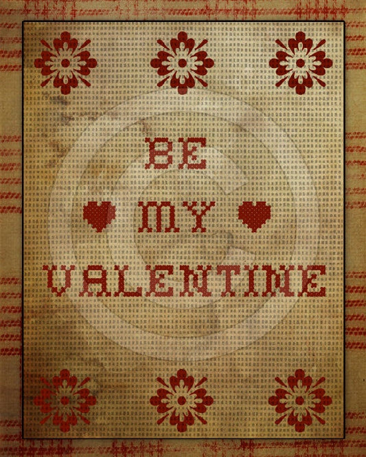Primitive Be My Valentine FAUX Cross Stitch Sampler Printable Digital Art JPEG Digital Download, This Is NOT A Cross Stitch Pattern