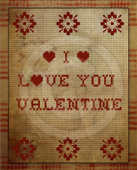 Primitive I Love You Valentine FAUX Cross Stitch Sampler Printable Digital Art JPEG Digital Download, This is NOT A Cross Stitch Pattern