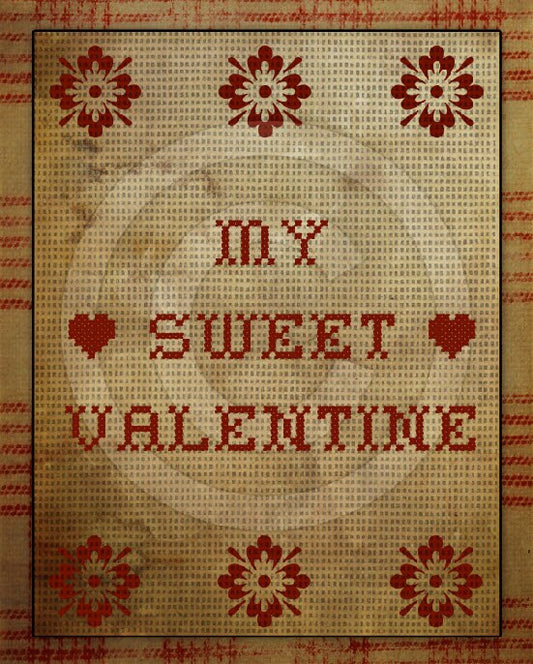 Primitive My Sweet Valentine Love FAUX Cross Stitch Sampler Printable Digital Art JPEG Instant Download, This Is NOT A Cross Stitch Pattern