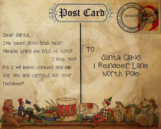 Primitive Christmas Printable - Postcard to Santa - Digital File - JPEG