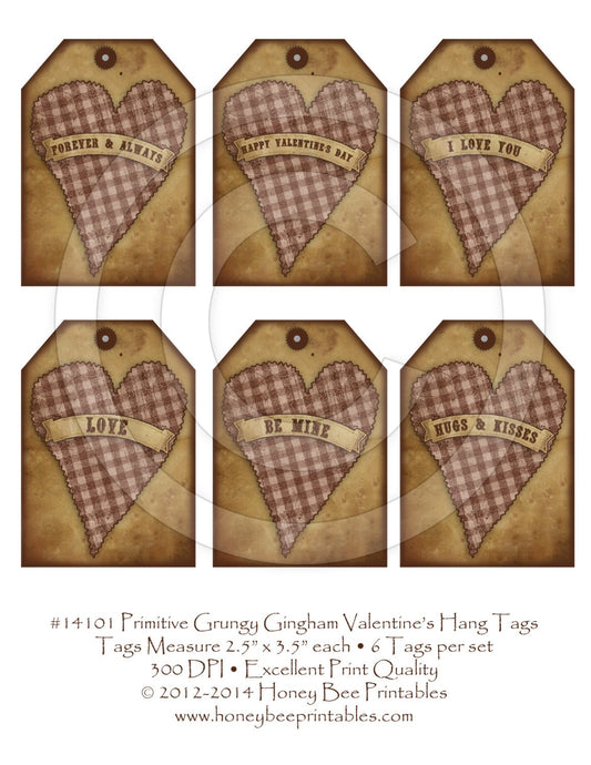 Primitive Grungy Gingham Hearts Valentine Love Hang Tags 14101 Printable Digital JPEG File Instant Download Dolls Bears Gifts Scrapbooking