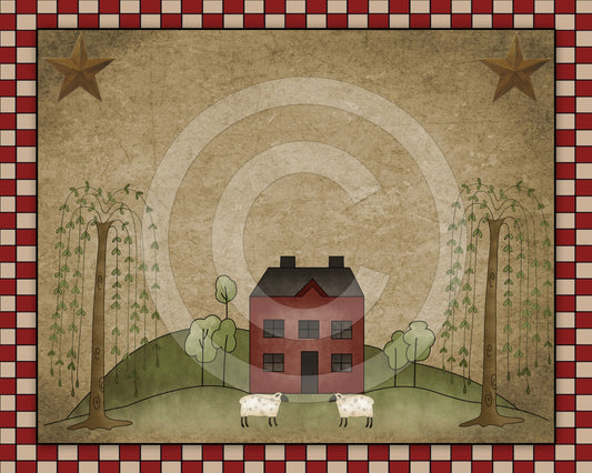 Primitive Sheep Willow Saltbox House Red Printable Digital Print Feedsack Logo JPEG File  Instant Download - Pillows,Framed Prints,Labels