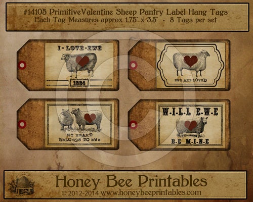 Primitive Sheep Valentine Pantry Label Hang Tags Scrapbook Craft Supplies Printable Digital JPEG Instant Download  Jars Crocks Bottles 14102
