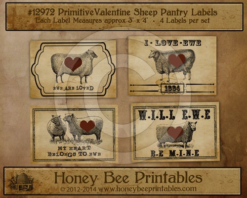 Primitive Valentine Sheep Ewe Pantry Farmhouse Labels Logo 12972 Printable Digital JPEG - Instant Download - Jars Crocks Bottles Tags