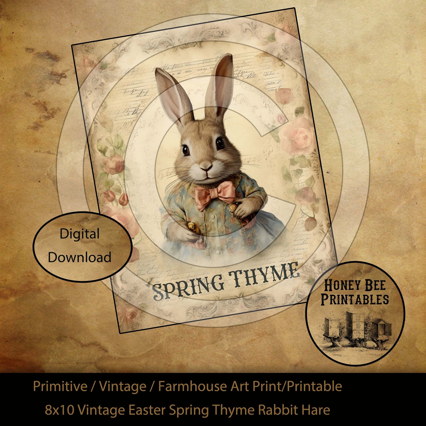 Vintage Primitive Farmhouse Spring Thyme Easter Rabbit Print Digital Instant Download Printable Sublimation 8x10 JPEG