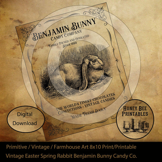 Vintage Primitive Farmhouse Spring Easter Rabbit Benjamin Bunny Candy Company Print Digital Instant Download Printable Sublimation 8x10 JPEG