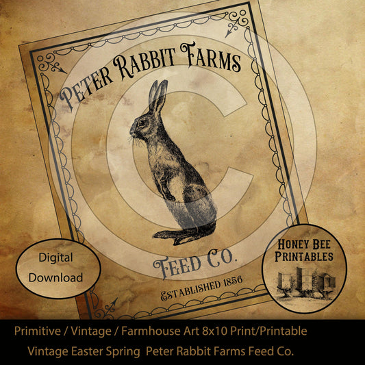 Vintage Primitive Farmhouse Spring Easter Peter Rabbit Feed Company Print Digital Instant Download Printable Sublimation 8x10 JPEG