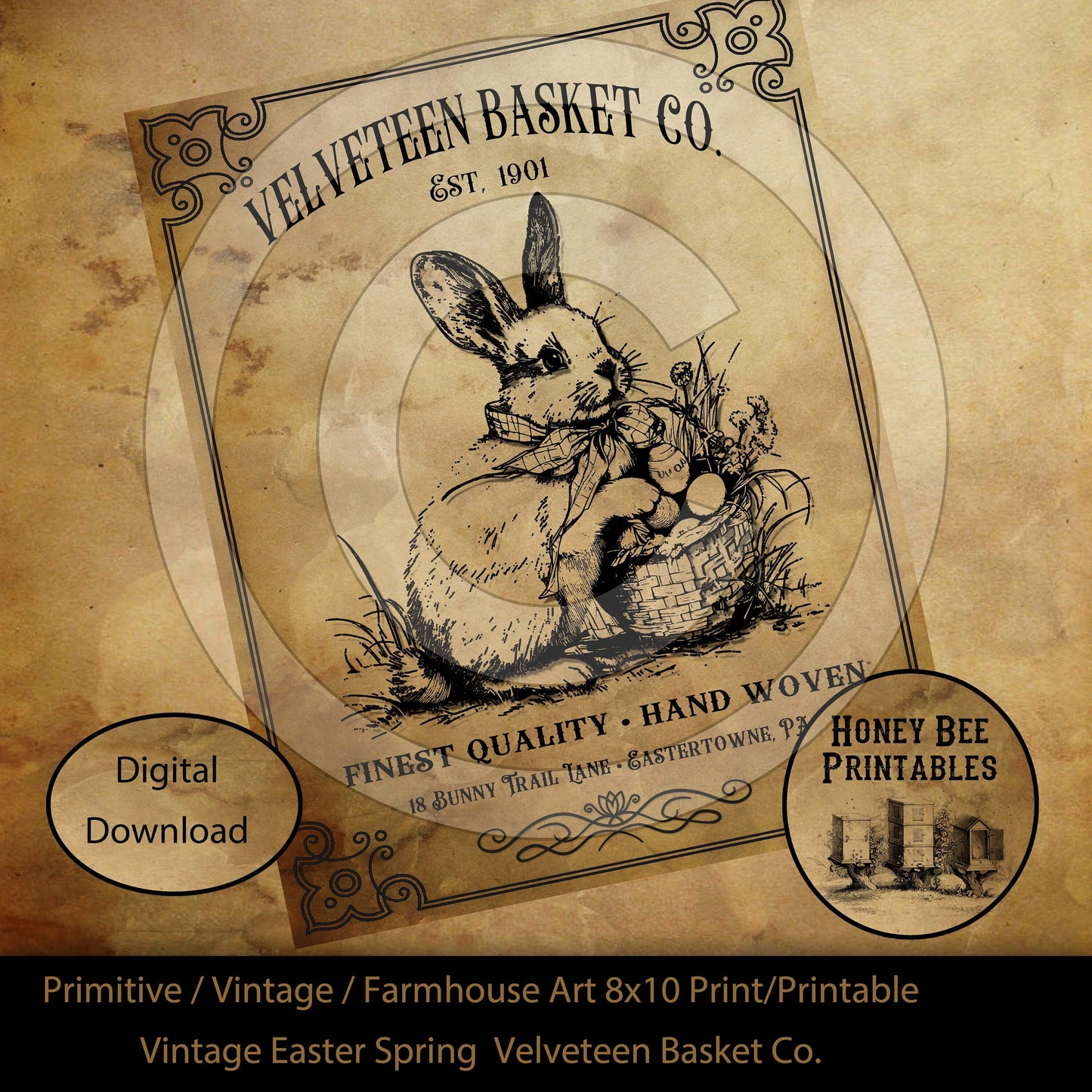 Vintage Primitive Farmhouse Spring Easter Velveteen Basket Company Print Digital Instant Download Printable Sublimation 8x10 JPEG