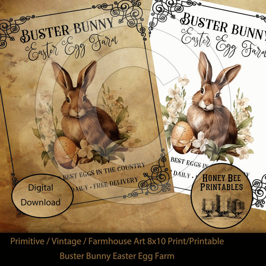 Vintage Primitive Farmhouse Buster Bunny Easter Egg Farm Spring Rabbit Print Digital Instant Download Printable Sublimation 8x10 JPEG