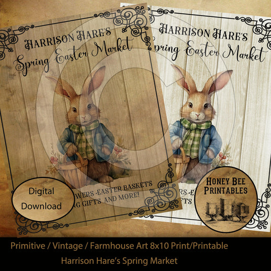 Vintage Primitive Farmhouse Harrison Hare  Spring Easter Market Rabbit Print Digital Instant Download Printable Sublimation 8x10 JPEG