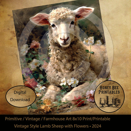 Vintage Primitive Farmhouse Style Lamb Sheep Flowers Spring Easter Digital Instant Download Printable Sublimation 8x10 JPEG Cans Jars Label