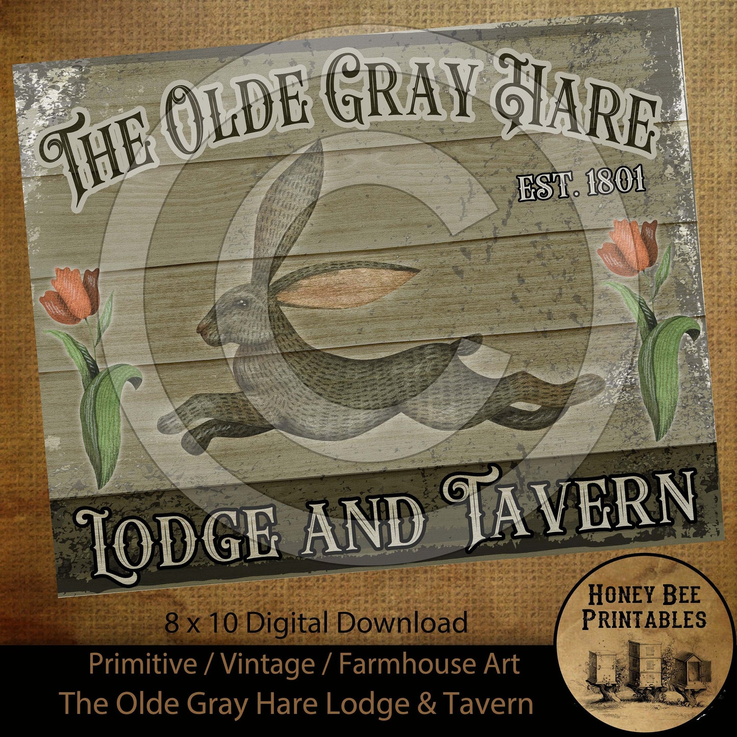 Vintage Primitive Farmhouse Spring Easter The Olde Gray Hare Lodge & Tavern Print Digital Instant Download Printable Sublimation 8x10 JPEG