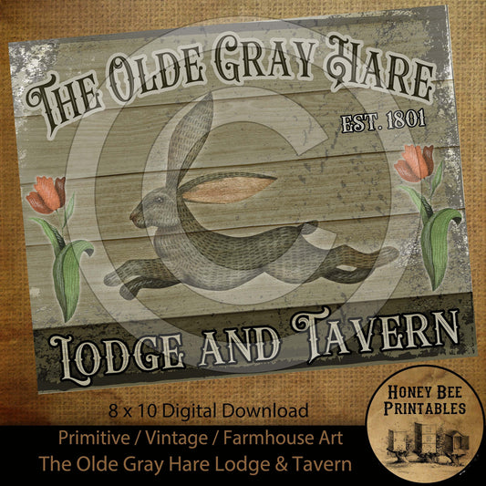 Vintage Primitive Farmhouse Spring Easter The Olde Gray Hare Lodge & Tavern Print Digital Instant Download Printable Sublimation 8x10 JPEG