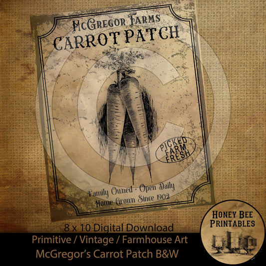 Vintage Primitive Farmhouse Spring Easter McGregor Carrot Farms Black & White Print Digital Instant Download Printable Sublimation 8x10 JPEG